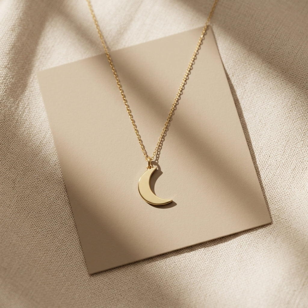 14K solid gold dainty crescent moon necklace, design detail