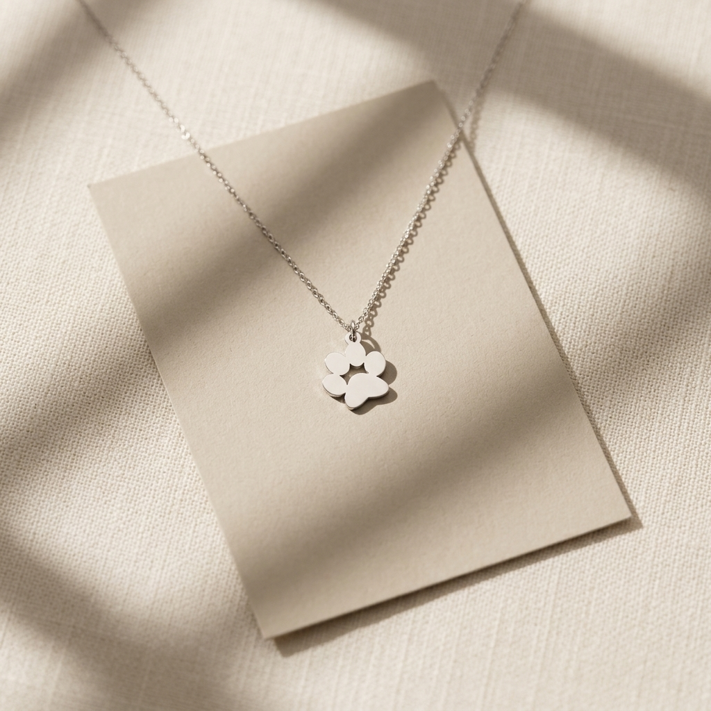 14K solid gold engraved paw print necklace, styled product view