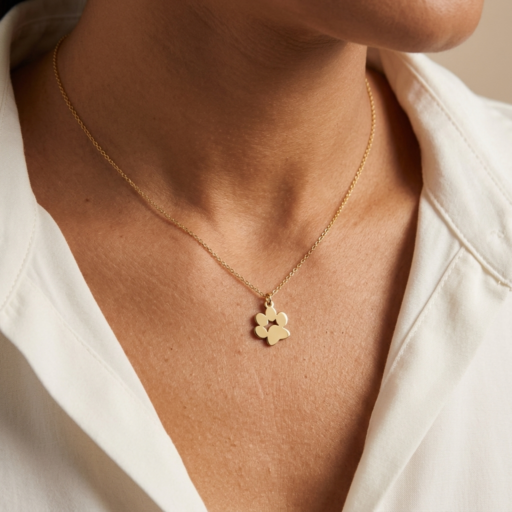 14K yellow gold paw print pendant necklace worn at the neckline