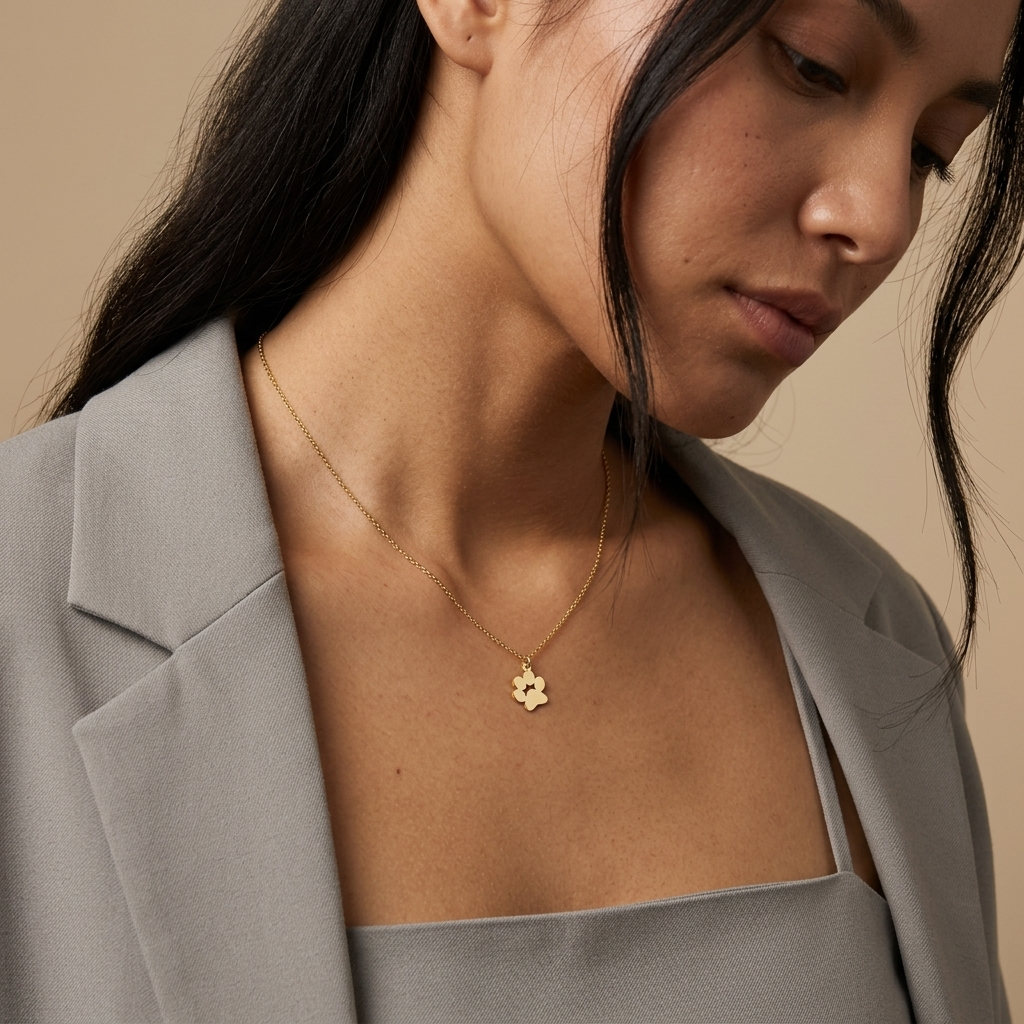 14K solid gold engraved paw print necklace, additional view