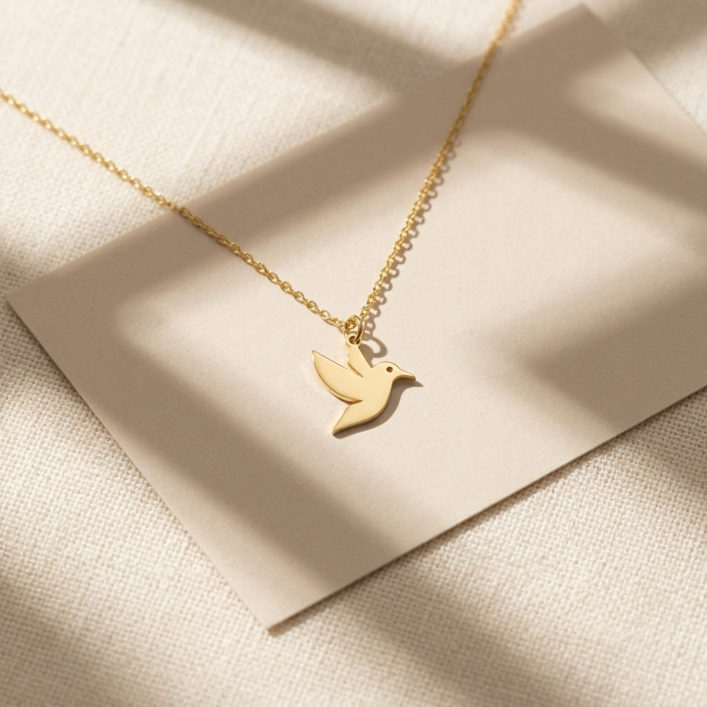 14K solid gold hummingbird necklace, worn at the neckline
