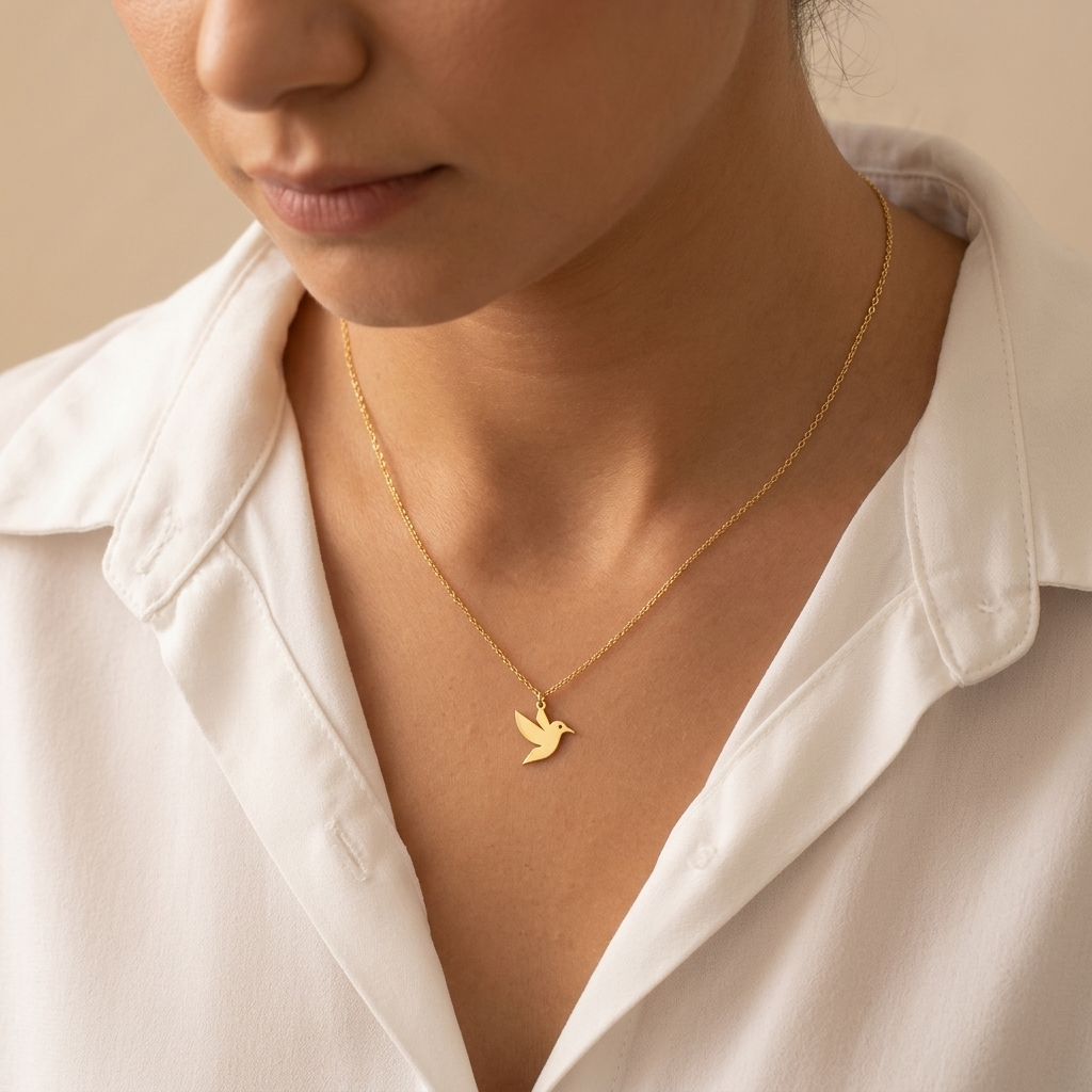 14K solid gold hummingbird necklace, worn at the neckline