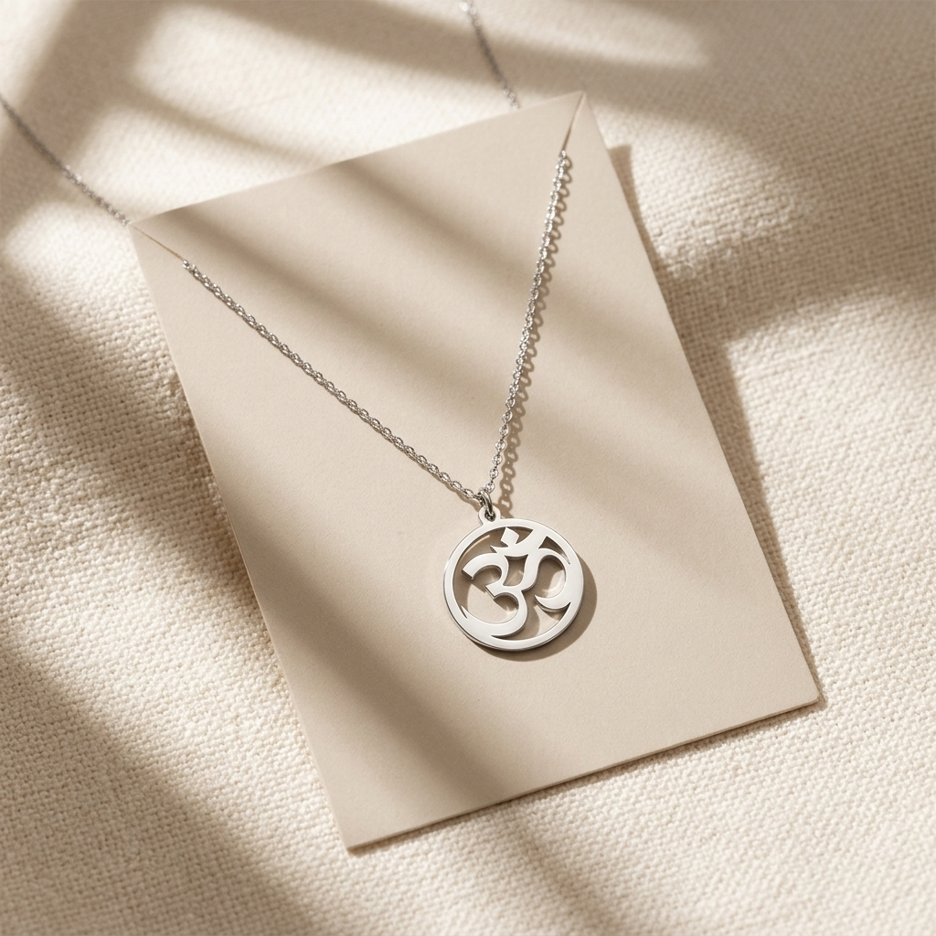 Close-up of 14K yellow gold om necklace