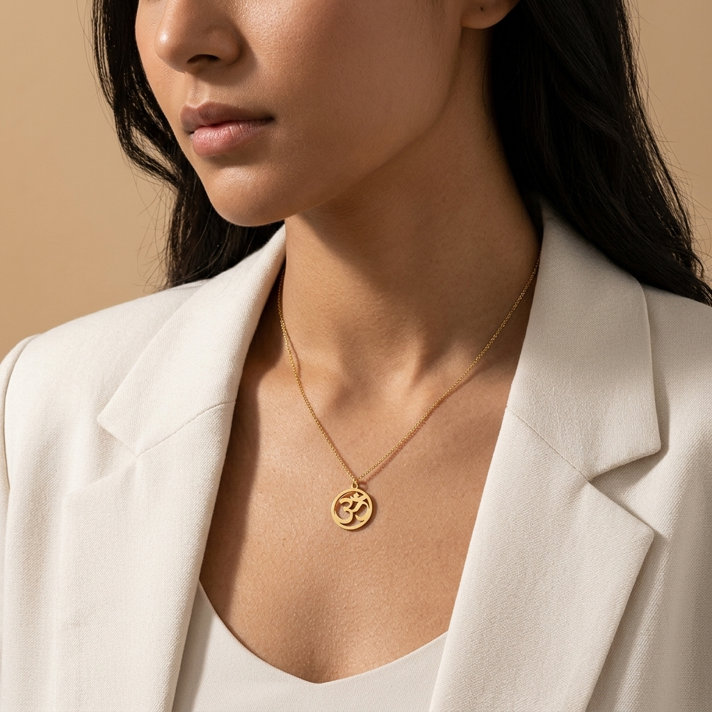 Close-up of 14K yellow gold om necklace