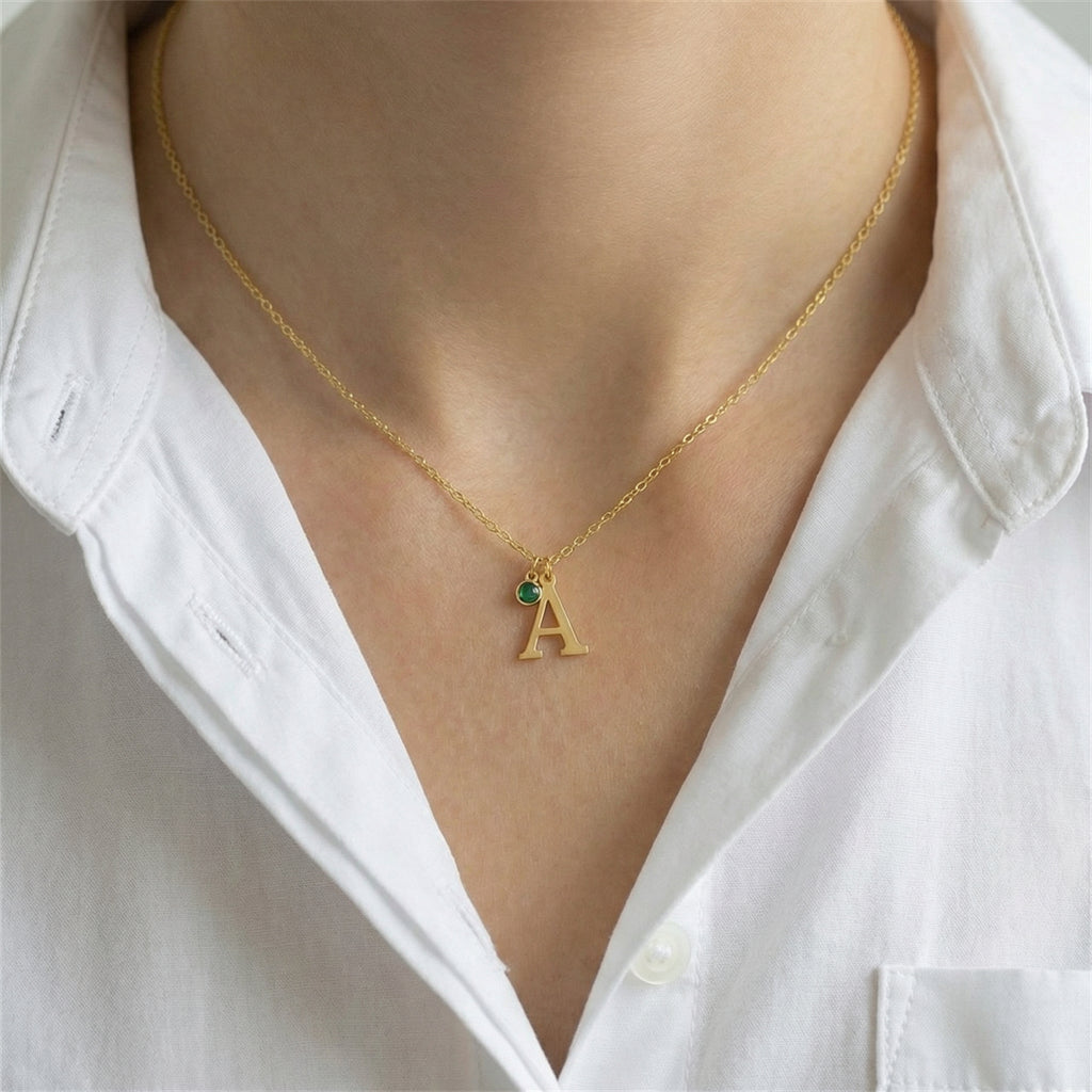 Personalized round initial necklace with colored birthstone charm options