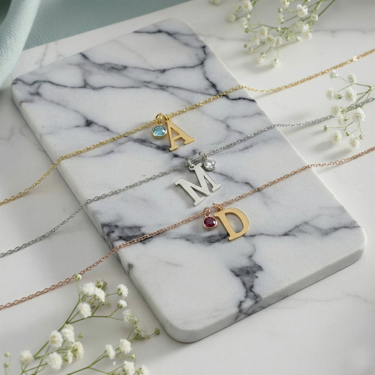 Personalized round initial necklace with colored birthstone charm options