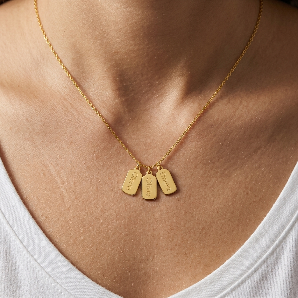 14K solid gold engraved ID tag necklace, styled product view