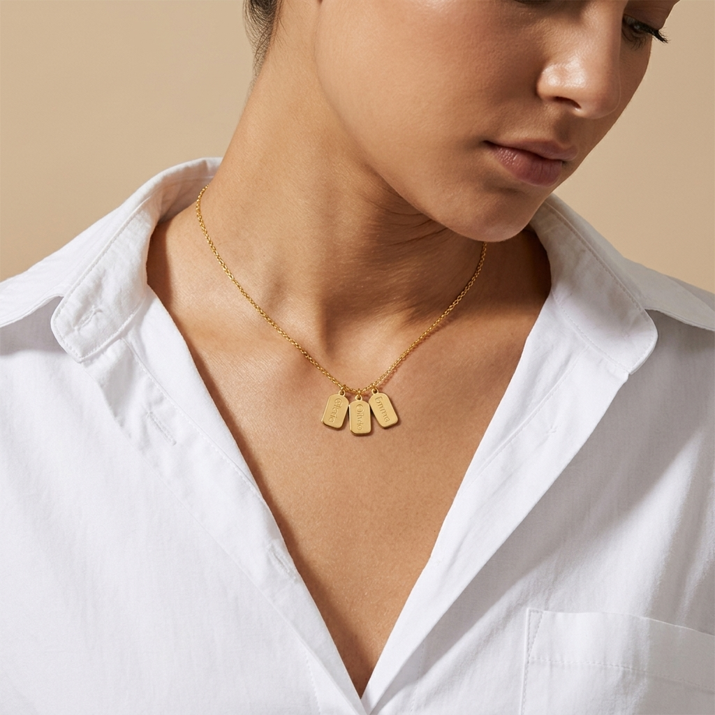 14K solid gold engraved ID tag necklace, design detail