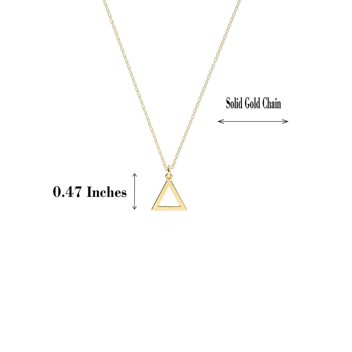 14K solid gold triangle pendant necklace with pendant size and measurements
