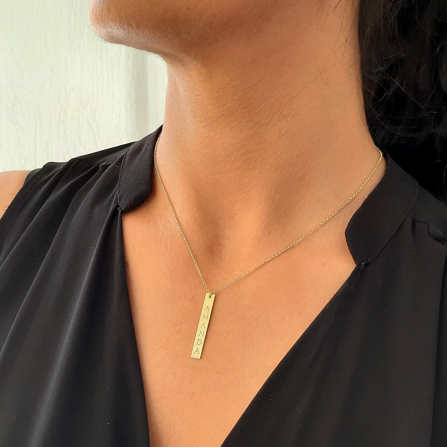 14K solid Gold Custom Bar Necklace,  Personalized  vertical bar
