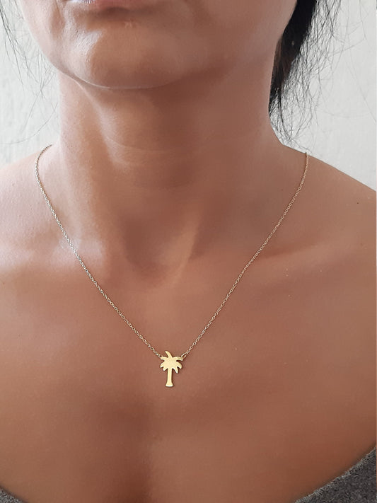 14K Solid Gold palm tree necklace