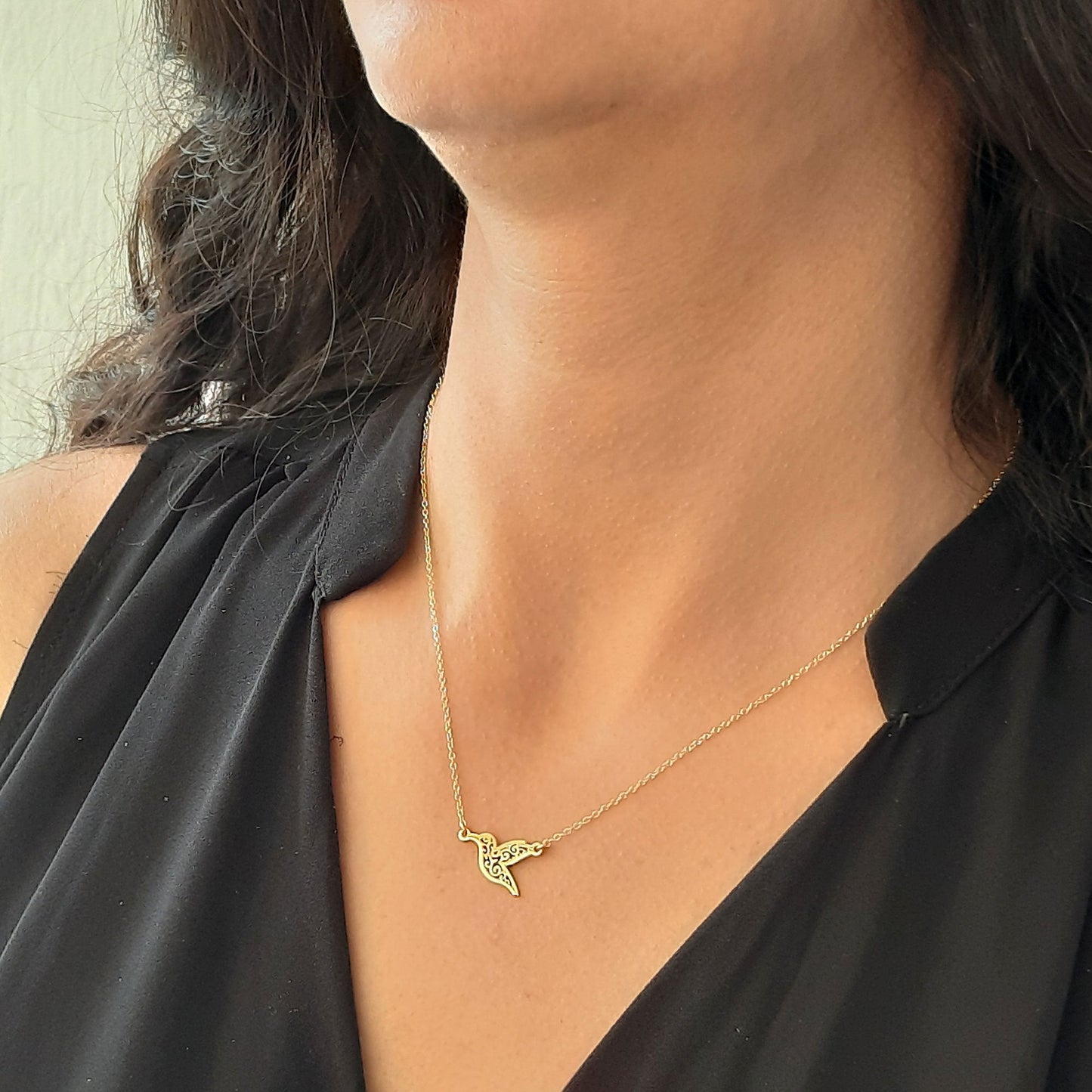 14k Solid gold Hummingbird Necklace, bird jewelry