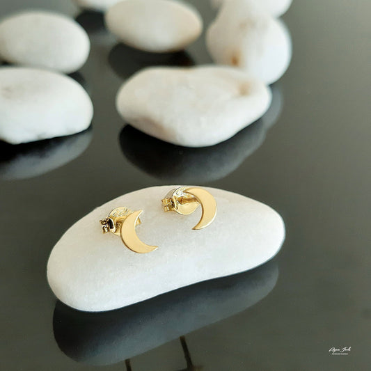 14K Solid Gold Moon Earrings , crescent moon studs