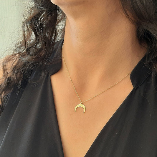 Solid gold Double Horn Necklace , Crescent Moon Necklace