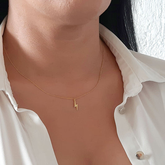 14k solid gold Bolt necklace, Lightning necklace, Tiny Thunderbolt charm