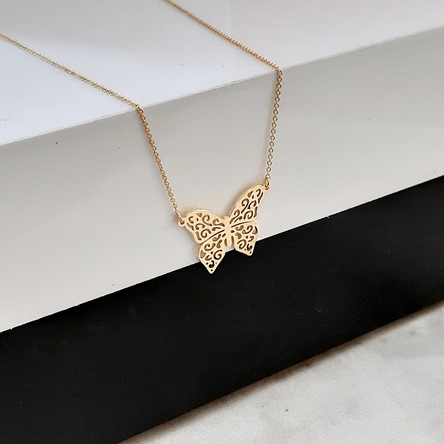 14k solid gold butterfly necklace, Dainty solid gold chain