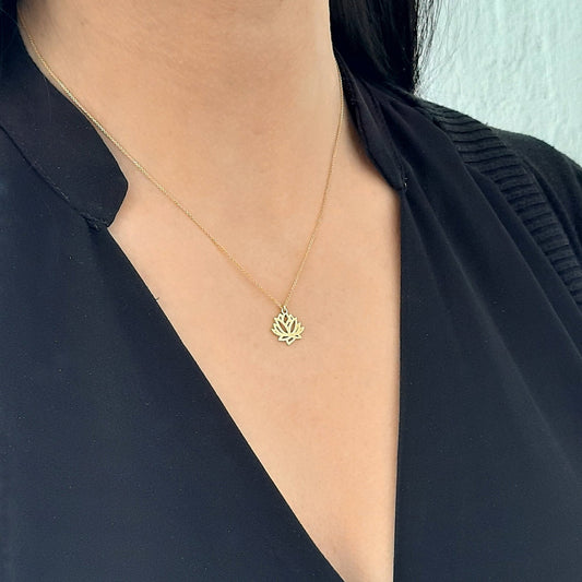 Unique Lotus flower Necklace , dainty solid gold minimal pendant